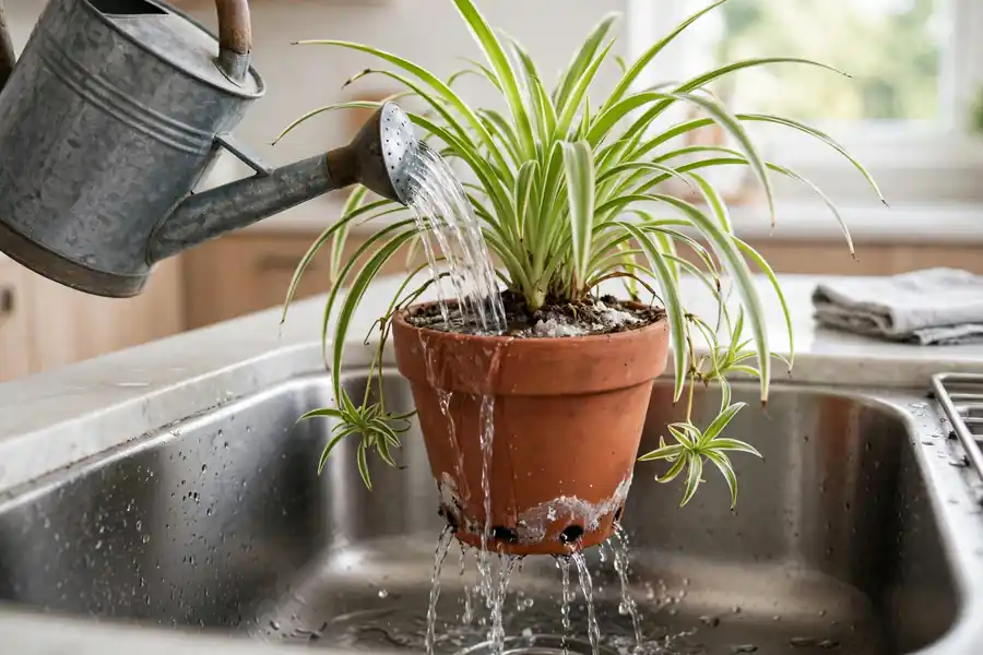 Flushing fertilizer salts from spider plant soil with clean water