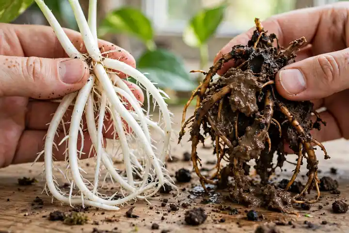 Pothos roots compared: healthy white firm roots vs brown mushy rotted roots from overwatering