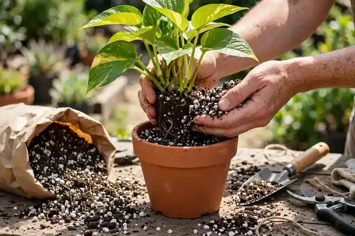 Repotting a pothos plant into fresh well-draining potting mix with perlite