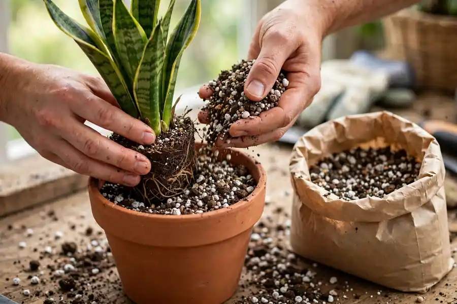 Repotting a snake plant into a terracotta pot with fast-draining cactus mix