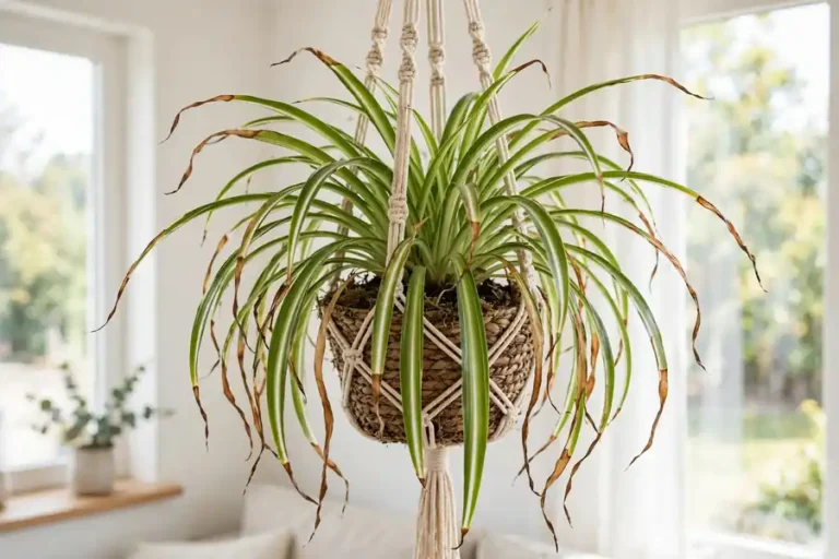 Spider plant with brown crispy leaf tips in a hanging basket
