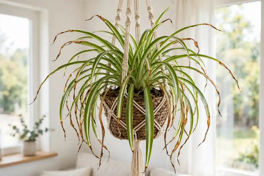 Spider plant with brown crispy leaf tips in a hanging basket
