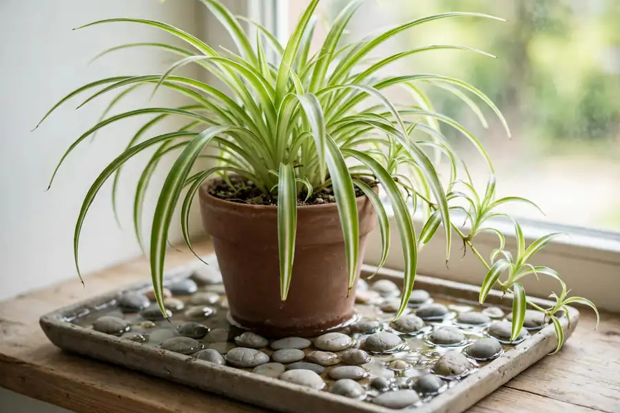 Spider plant on a pebble tray with water to raise humidity