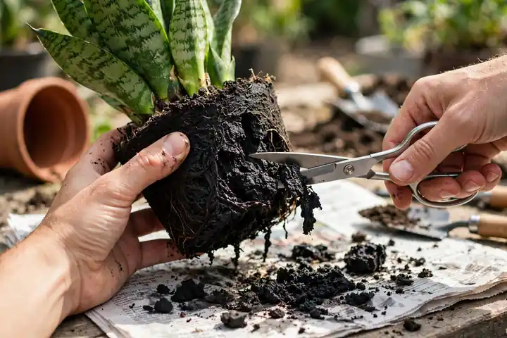 Trimming black mushy rotted roots from a snake plant with clean scissors