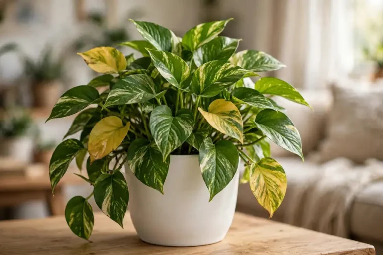 Pothos plant with yellowing leaves in a bright living room