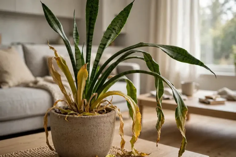 Snake plant with drooping leaves falling over in a living room