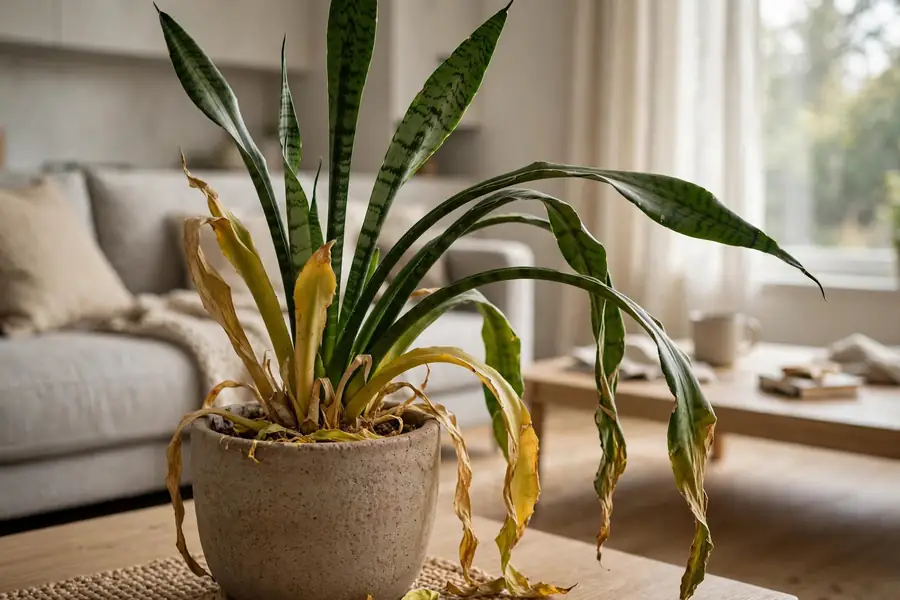 Snake plant with drooping leaves falling over in a living room